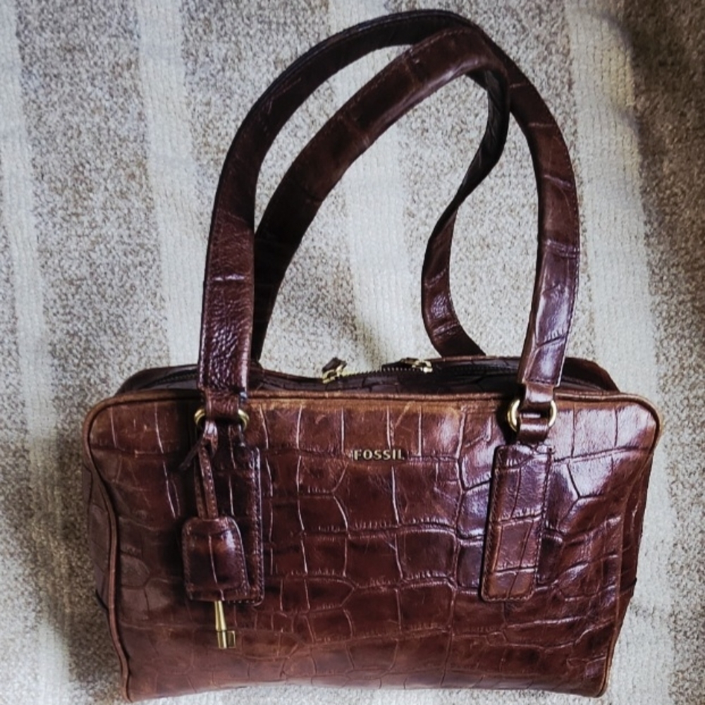 Fossil Brown Croc Embossed Leather Satchel